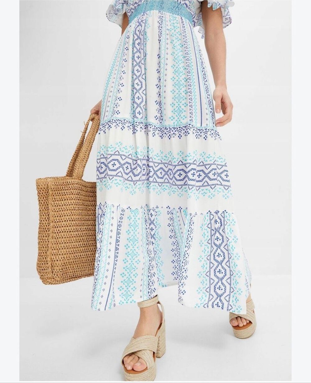 Hale Bob Blue and White Maxi Boho Embroidered And Lined Skirt Size Small